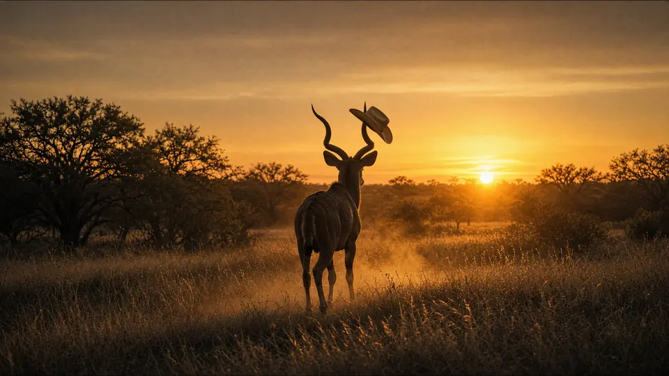 A kudu bull walking away into the setting sun, a cowboy hat still hooked on one spiral horn.