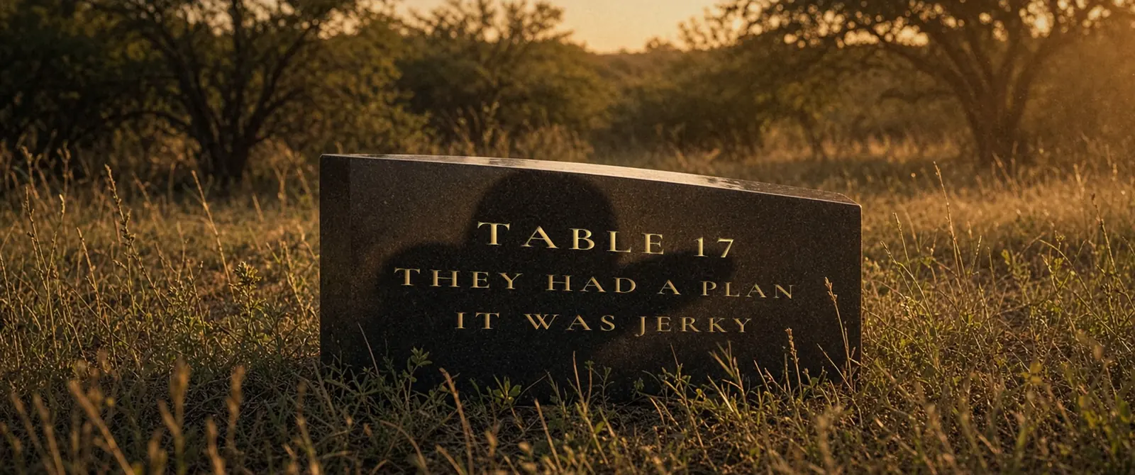 A granite memorial plaque in tall Hill Country grass at golden hour, engraved in gold: Table 17. They had a plan. It was jerky. The shadow of a cowboy hat falls across it.